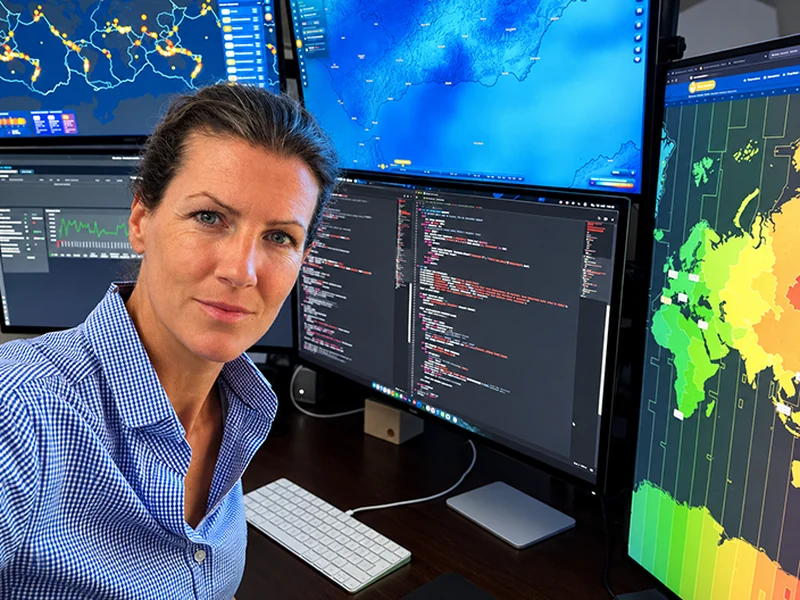 Maren at her workstation with several monitors