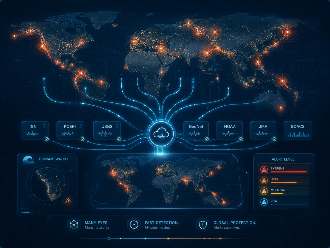 Global earthquake map fed by many seismic networks