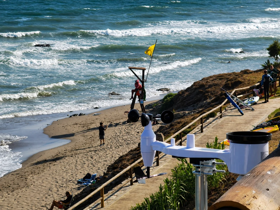 Our own weather station on the beach with anemometer and rain gauge