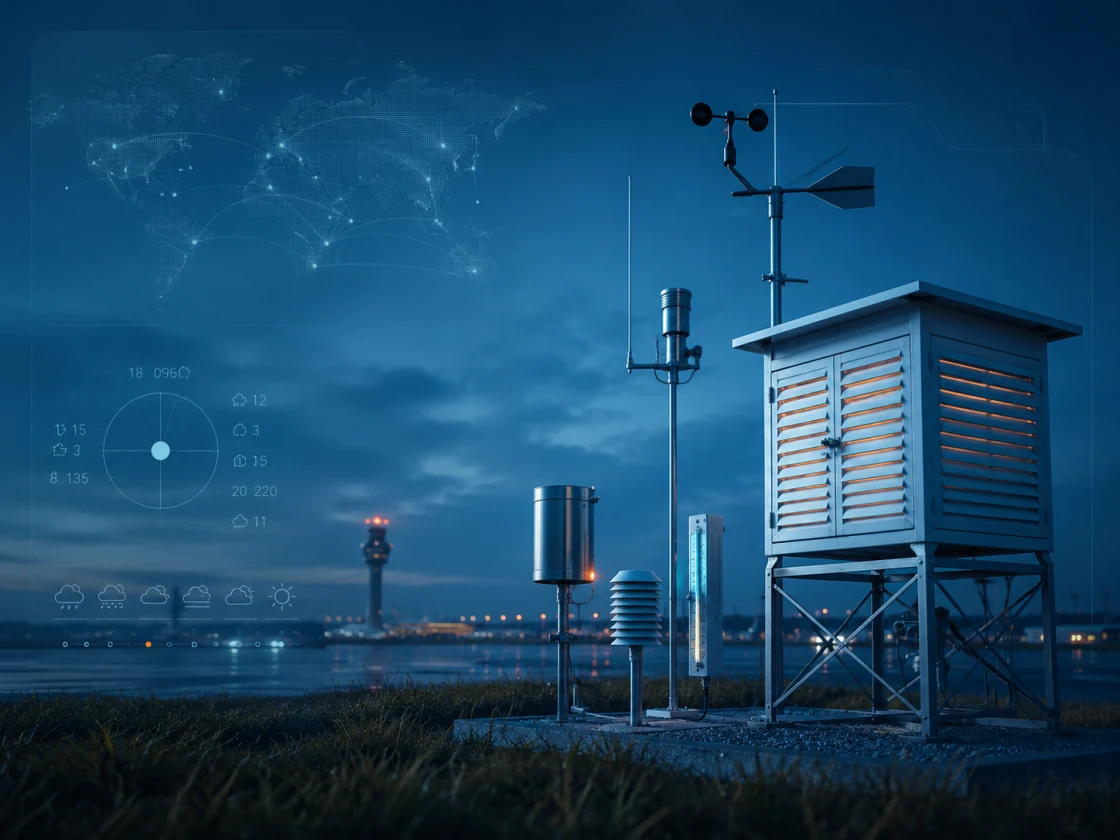 Classic weather station with anemometer, rain gauge and screen