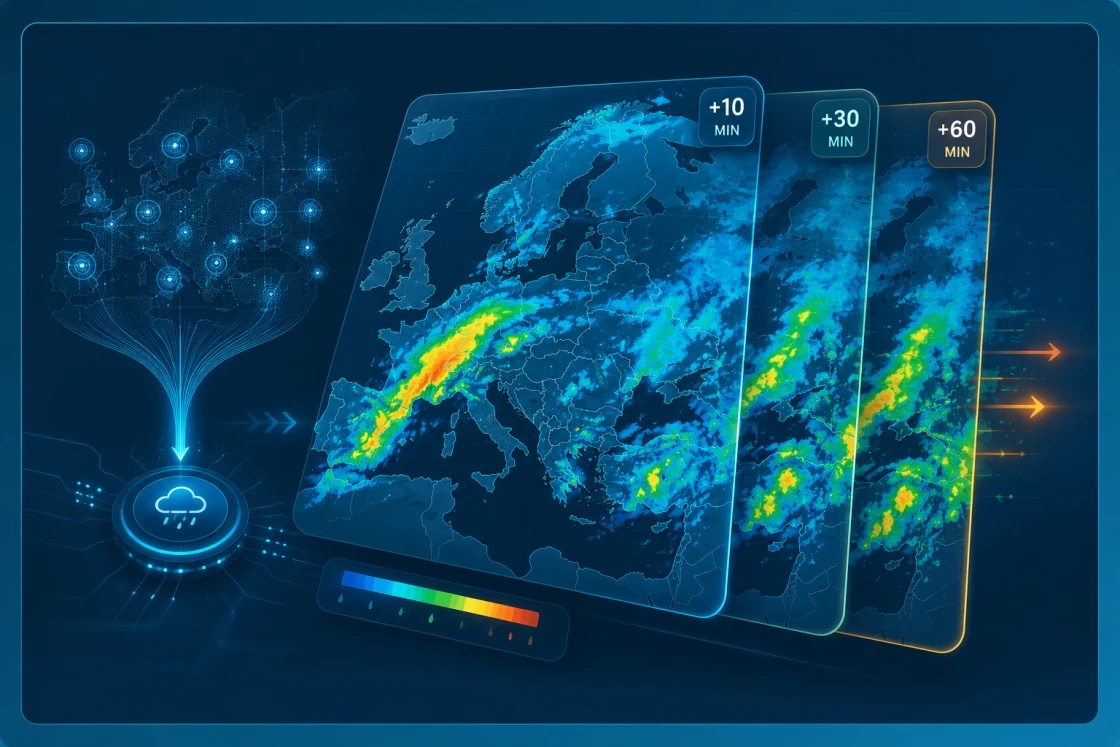 Nowcast: precipitation at +10, +30 and +60 minutes over Europe