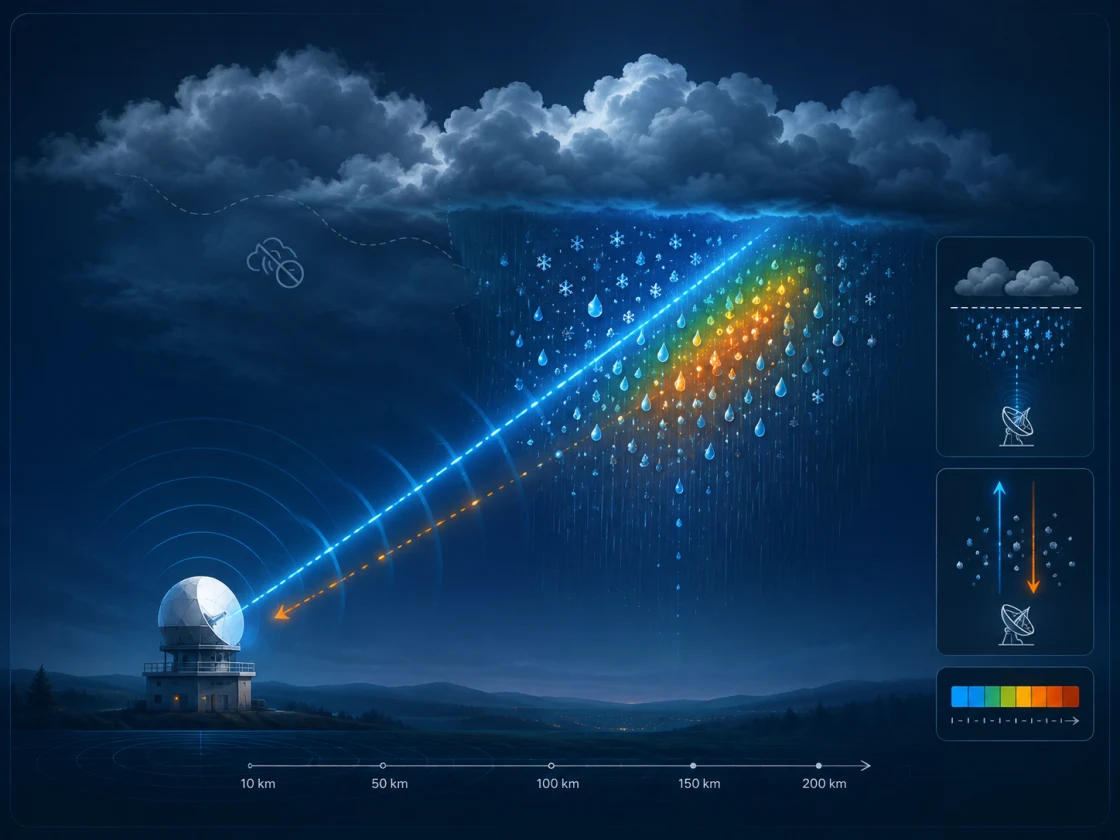 Schematic: radar beam hitting raindrops