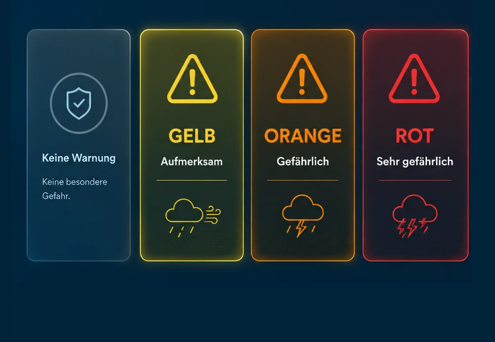 Warnstufen Gelb, Orange und Rot als Farbskala