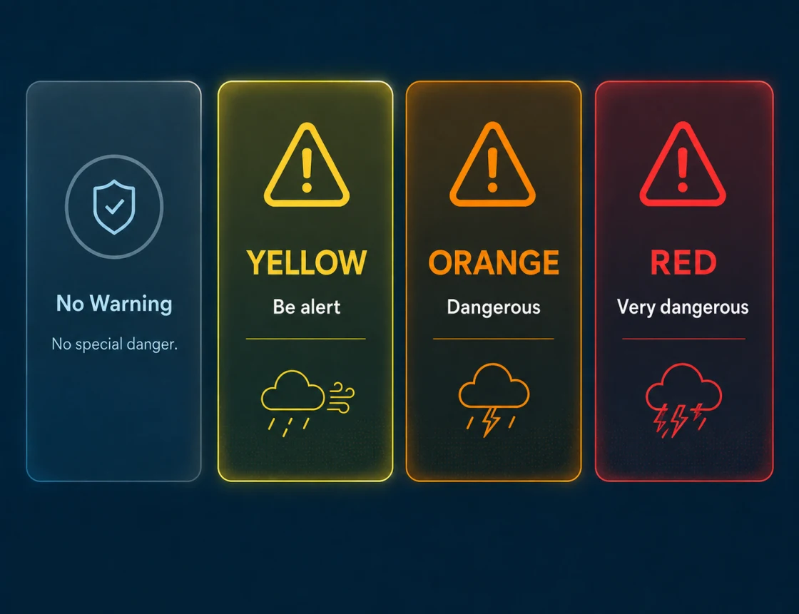 Warning levels yellow, orange and red as a colour scale