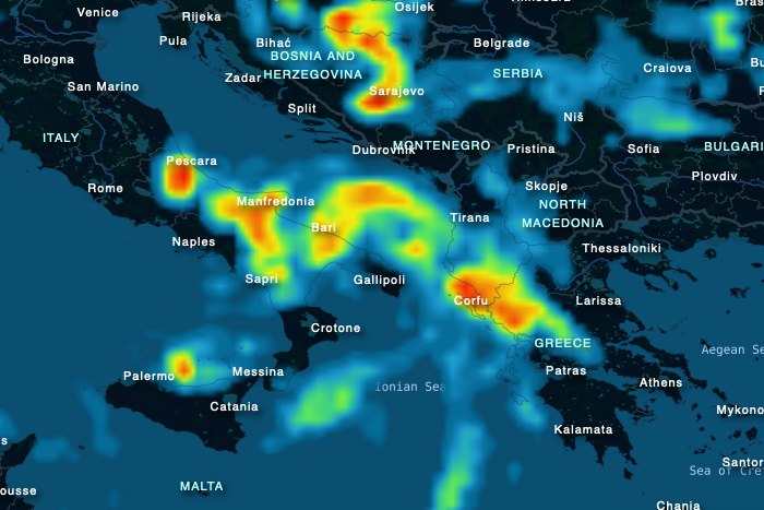 In the Ionian Sea and the Aegean Sea, a low causes rain and thunderstorms