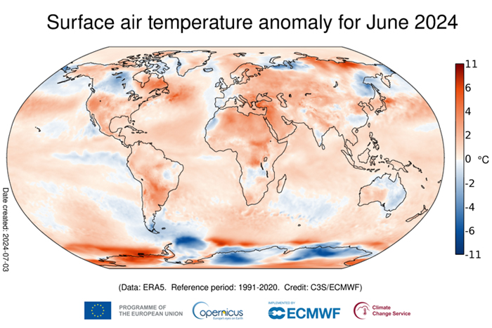 Surface air temperature for June 2024